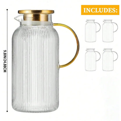 8PCS Glass Pitcher With Lid 4 Pitchers 4 Lids, 68oz 2L Classic Vertical Stripe Pitcher, Large Golug, Suitable For Cold Brew, Co
