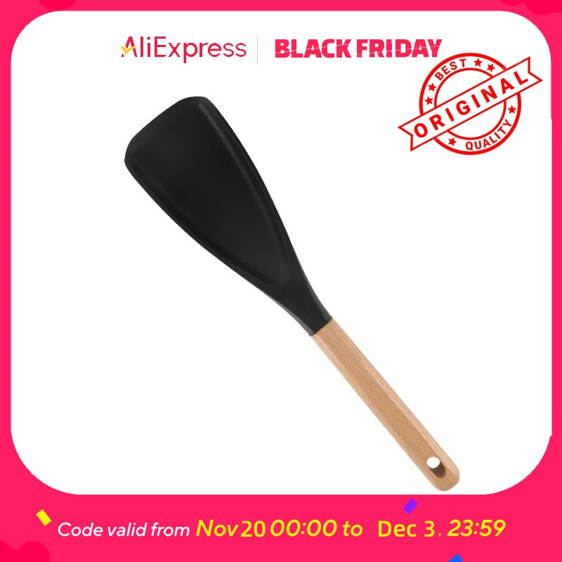 Wooden Handle Silicone Utensils - Non-Stick Kitchen Tools with Storage Caddy, Cooking Spoon & Spatula Set
