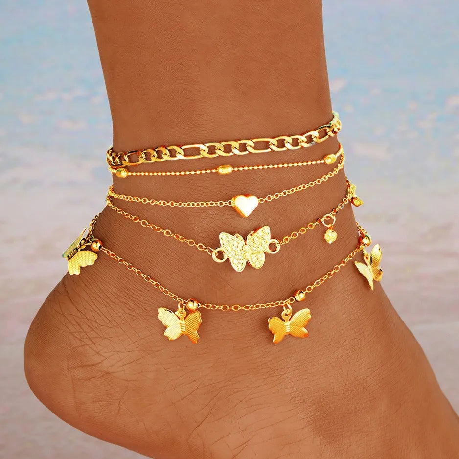 Elegant Butterfly Heart-shaped Pendant Ankle Chain Inlaid Shiny Rhinestones Summer Vacations Beach Party Women's Foot Jewelry