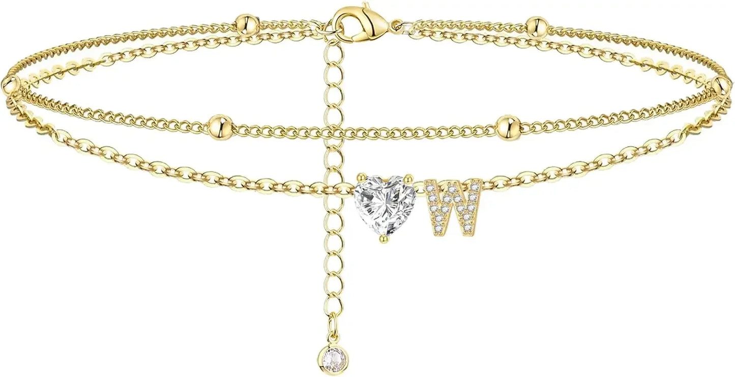 Waterproof cz Ankle Bracelets for Women  14K Gold Plated CZ Initial Dainty Layered Heart Anklets Foot Chain Summer Beach Jewelry