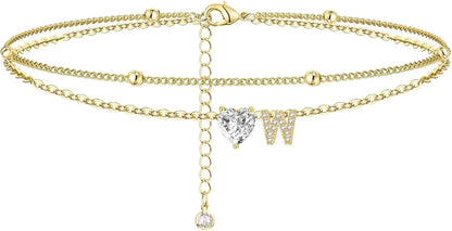 Waterproof cz Ankle Bracelets for Women  14K Gold Plated CZ Initial Dainty Layered Heart Anklets Foot Chain Summer Beach Jewelry