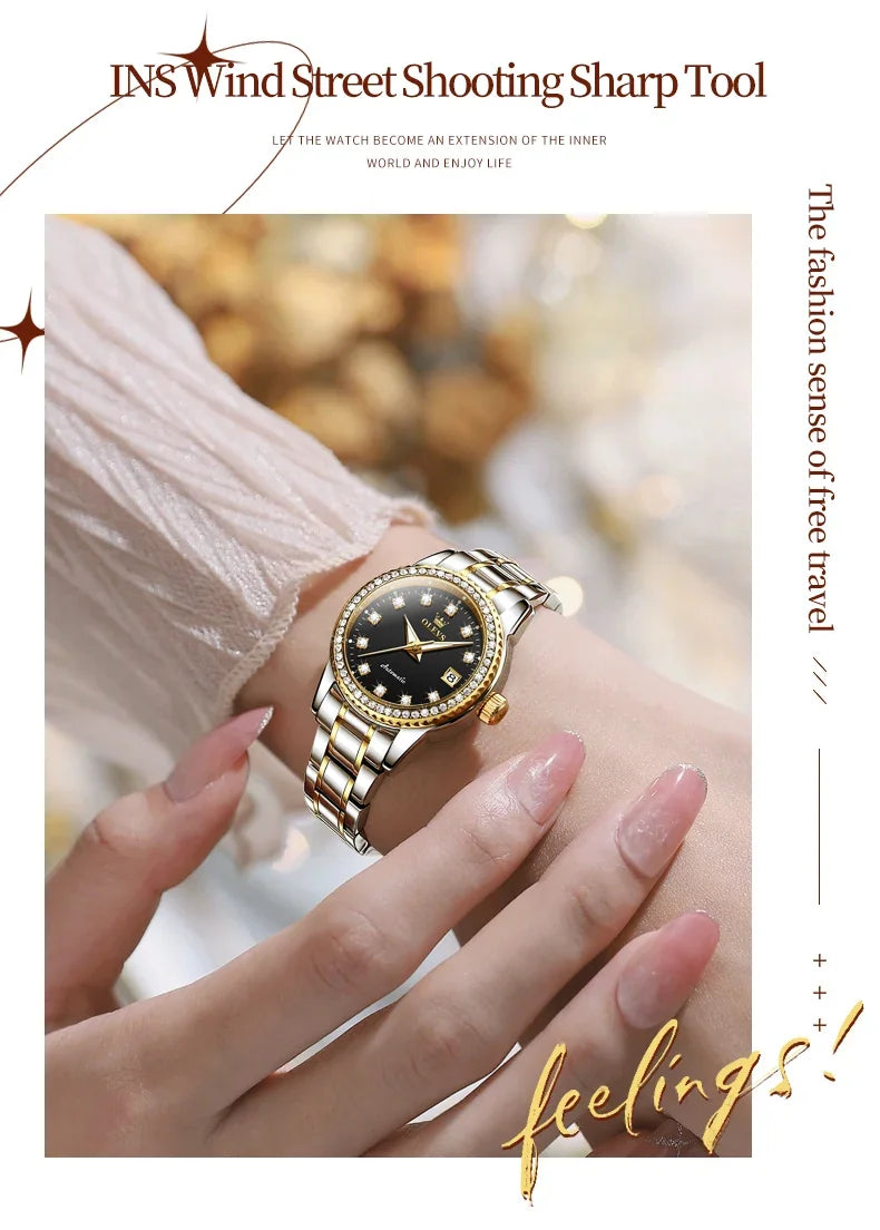 OLEVS 7003 Women Automatic Watch Waterproof Luminous Calendar Mechanical Ladies Wristwatch Steel Strap Luxury Watch Women