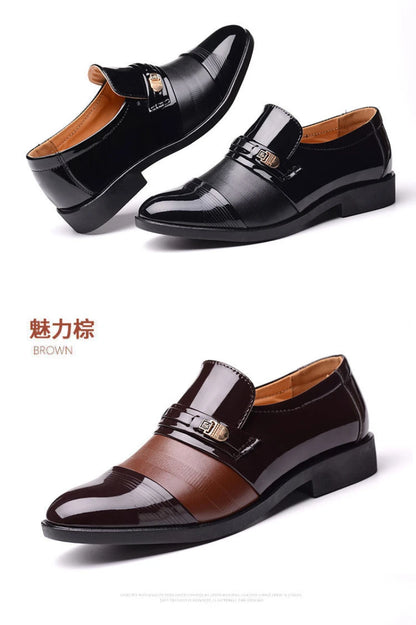 Mens Formal Two Tone Patent Leather Loafers Pointed Toe Slip On Shoes With Metal Buckle Low Heel Comfortable Non Slip Breathable