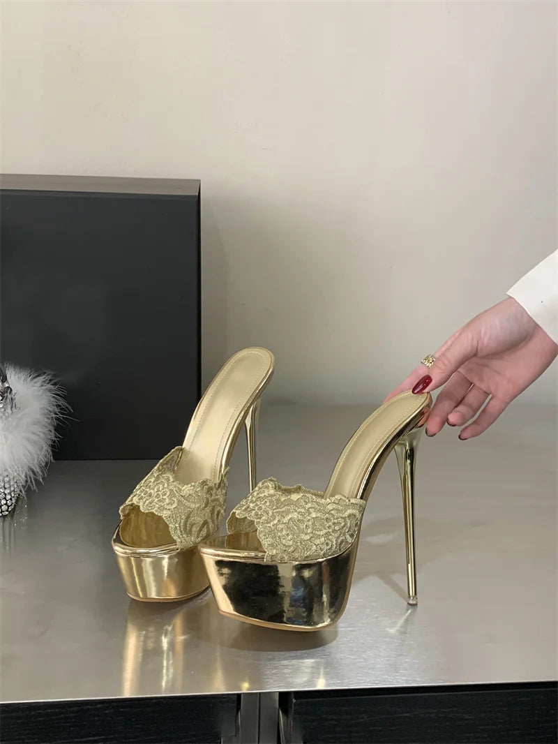 Hlieny Street Style Summer Open Toe Platform Women Slippers Fashion Thin High Heels Sandals Ladies Banquet Nightclub Party Shoes