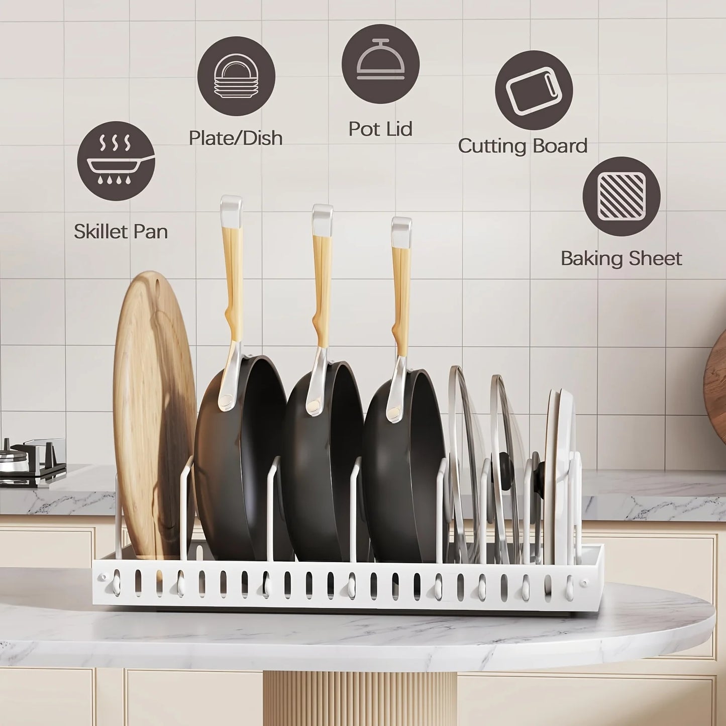Pull-out Cookware Frying Pan Storage Rack with 8 Adjustable Dividers Pot Lid Holder Under Cabinet Kitchen Organizer