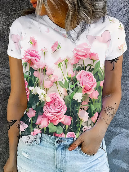 Lady T Shirts Crew Neck Short Sleeve Gradient Purple Flower Branch Print T Shirt Women's Outfits Casual Streetwear Cool Clothes