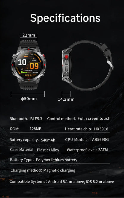 HT37 T-Rex 3 Pro Military GPS Smart Watch Waterproof Dual-band GNSS Compass Altimeter Swim 170 Sports Mode Watch with Flashlight
