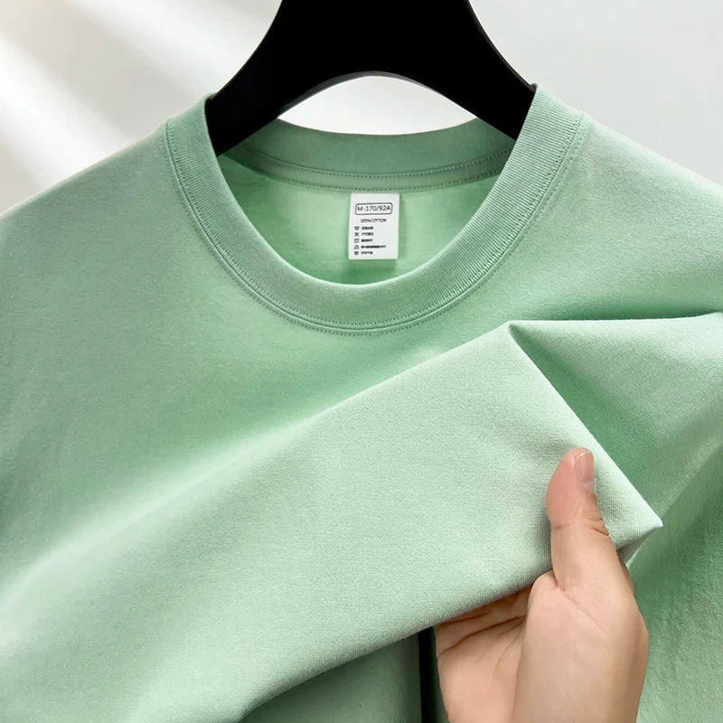 High quality 100% cotton short sleeve men's T-shirt summer round neck loose casual solid color plus size breathable top women