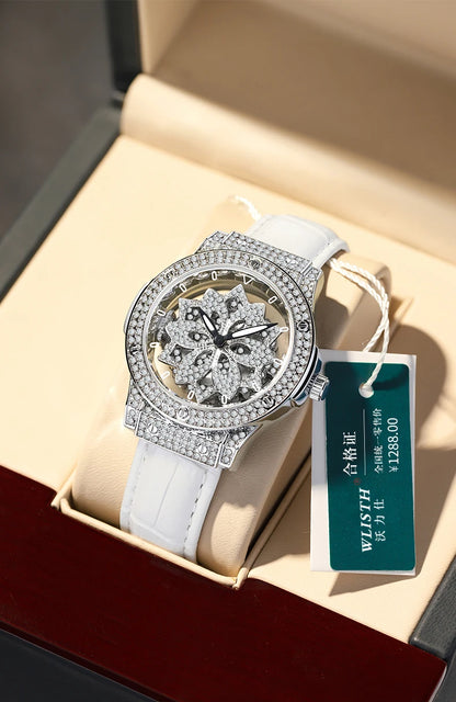 Popular women's watch with fashionable large dial, pentagram waterproof watch for girls, snowflake rotating hollow women's watch