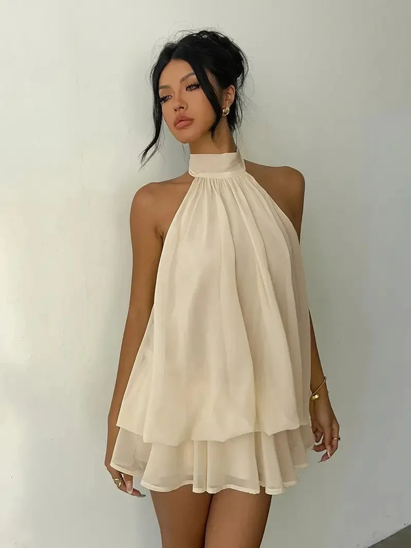 2026 Women's Elegant Halter Neck Sleeveless Ruffled Layered Chiffon Mini Dress Casual Summer Party Dress for Beach Vacation Y2K