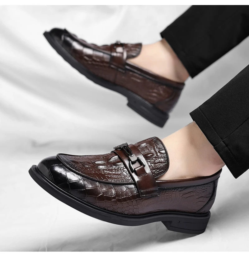 Mens Black Crocodile Embossed Leather Loafers With Metal Horsebit Buckle Thick Sole Formal Business Wedding Party Dress Shoes