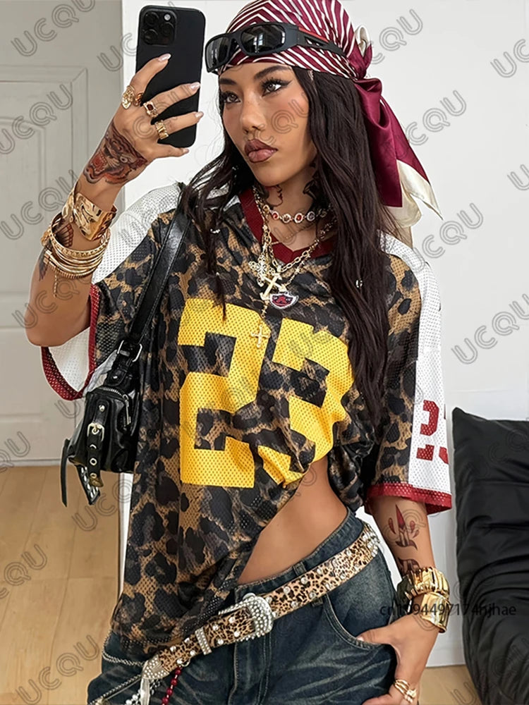 Summer New Leopard No. 23 Print T-Shirt For Women V-Neck Patchwork Short Sleeve Sports Football Jersey Y2K Loose Oversized Tops