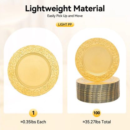 100-Pack Gold Charger Plates Set 12.9 Inch Embossed Round Disposable Serving Trays Christmas Wedding Party Decoration Plate ﻿
