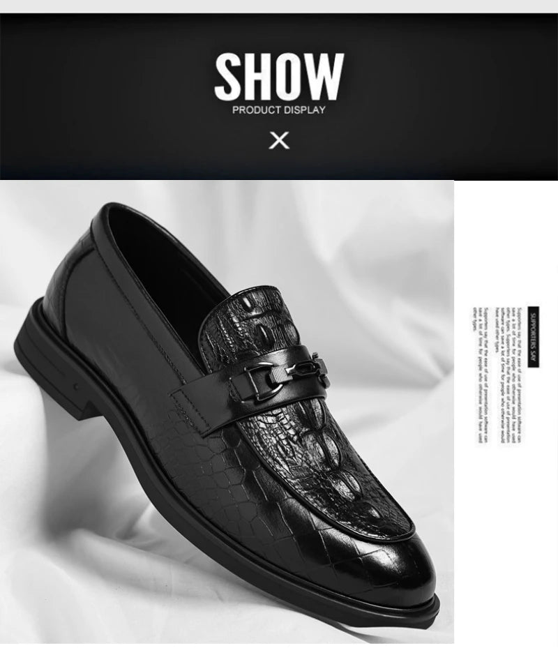 Mens Black Crocodile Embossed Leather Loafers With Metal Horsebit Buckle Thick Sole Formal Business Wedding Party Dress Shoes