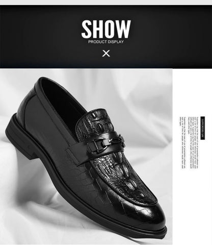Mens Black Crocodile Embossed Leather Loafers With Metal Horsebit Buckle Thick Sole Formal Business Wedding Party Dress Shoes