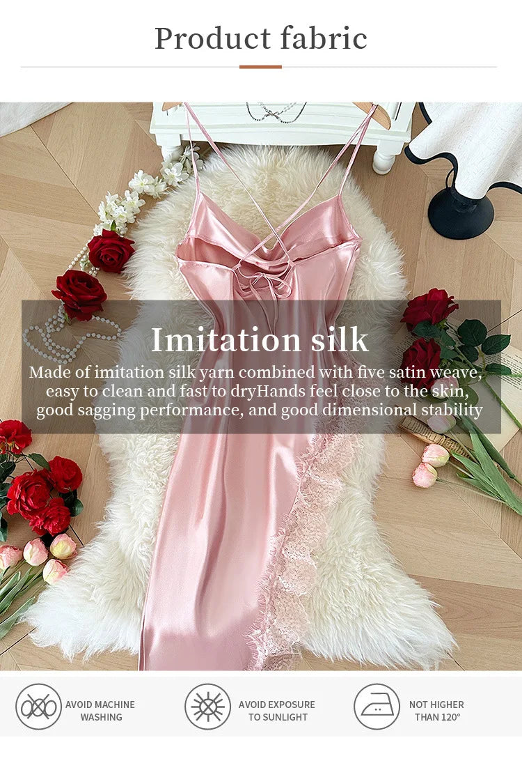 Sexy Lace Patchwork Pajamas Comfortable And Casual Long And Comfortable Women's Nightgown