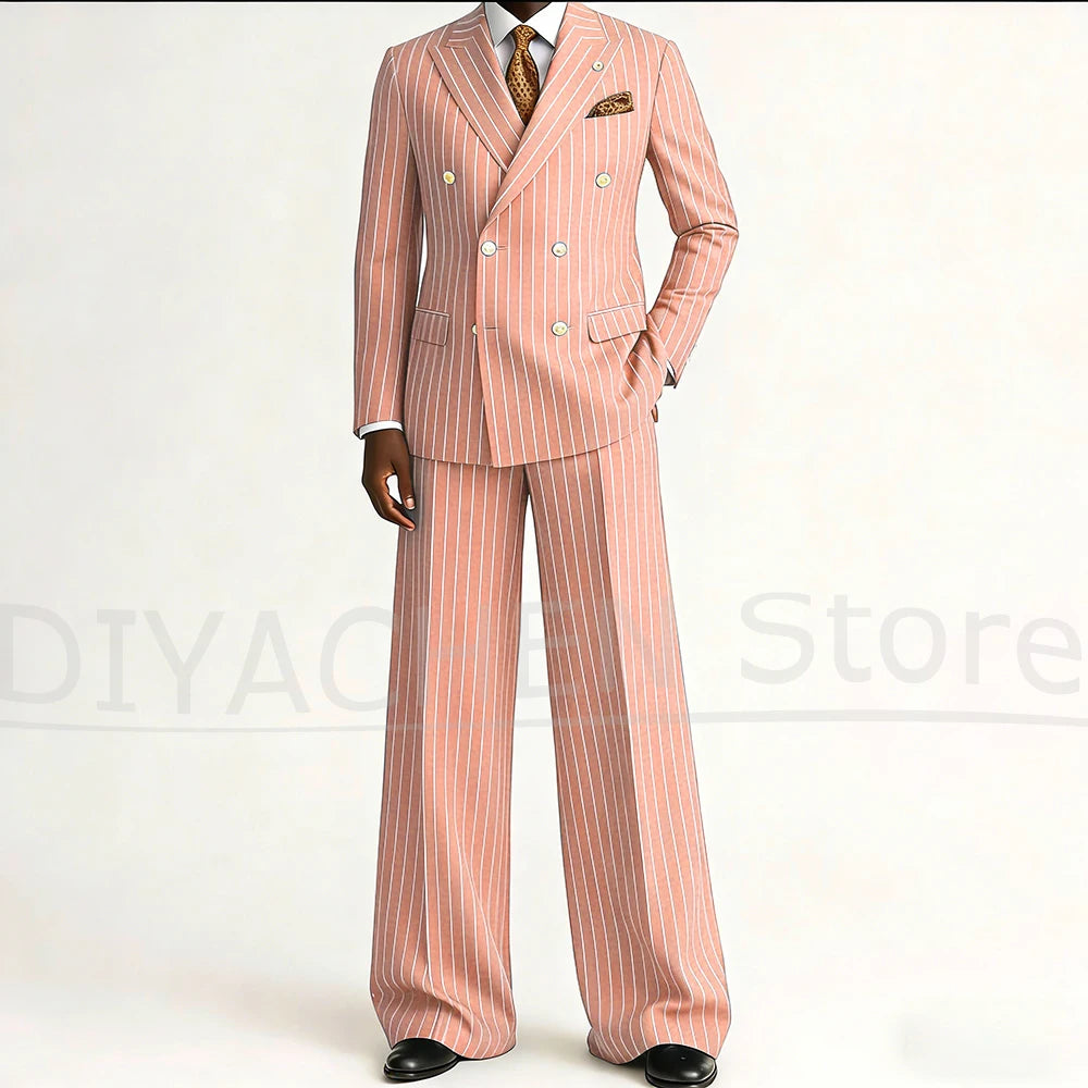 Men's Striped Double Breasted Suit Set Fashion Peak Lapel Formal Outfits 2 Piece Wedding Business Events Casual Male Suit