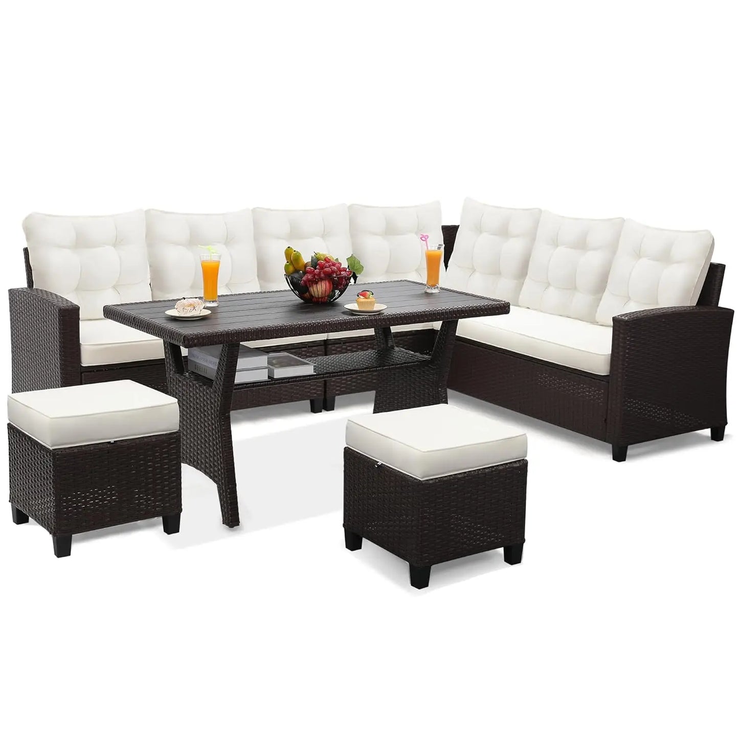 6-Piece Patio Sectional Sofa Dining Set All-Weather Removable Cushion Covers Garden Porch Backyard, Custom