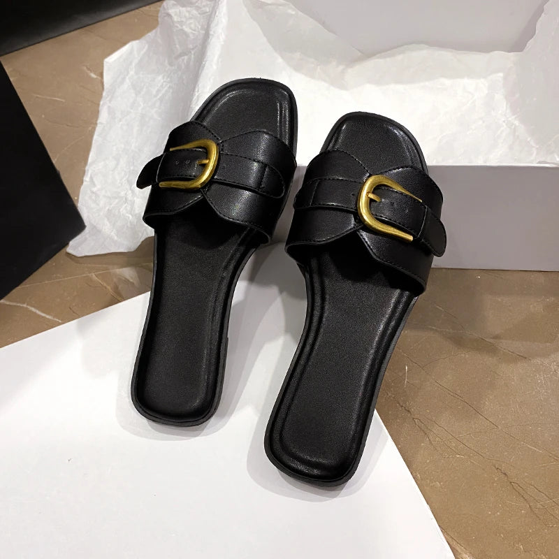 Summer Fashion Women's Slippers Leather Square Toe Women's Flats Flip-flops Sliding Sandals Women's Luxury Sandals