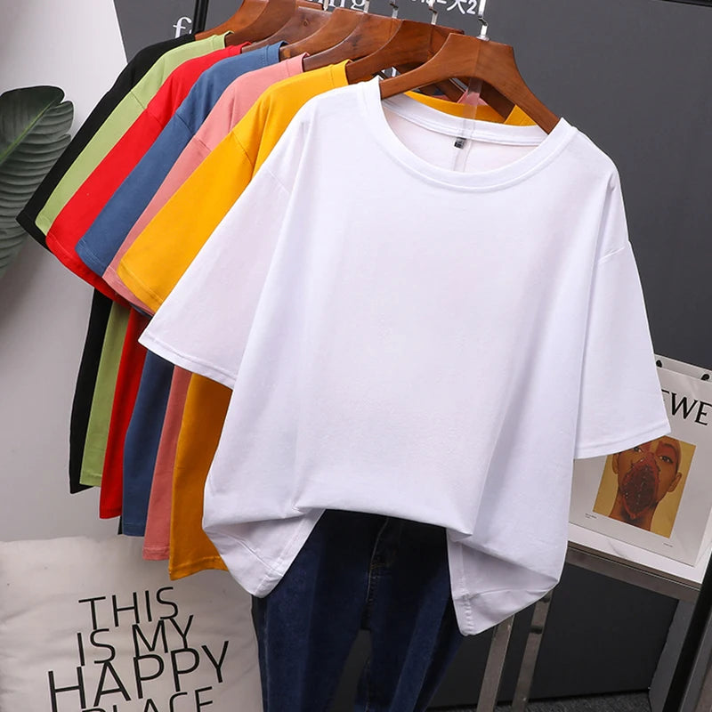Women Cotton T-Shirt Summer Oversized Solid Tees Candy Color Loose Tops