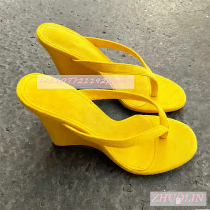 Rose Red Suede Thong Mules Summer Open Toe Shallow Wedge Sandals Elegant Outdoor Women'S Slip-On Slippers Big Size Gladiator 46