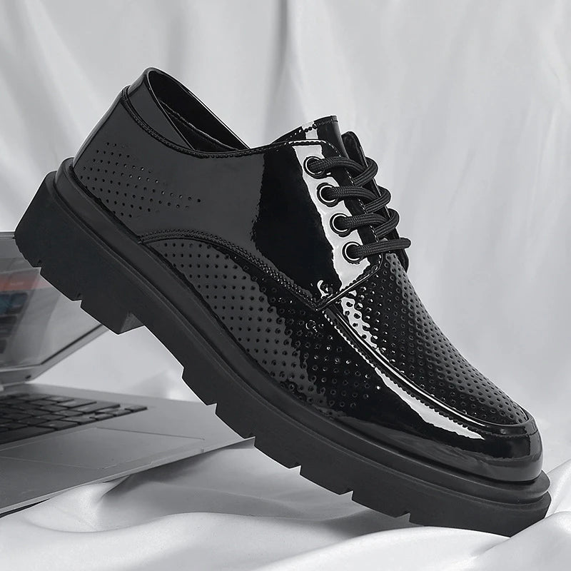 Mens Black Patent Leather Perforated Lace Up Chunky Platform Oxford Shoes Breathable Casual Business Formal Summer Dress Shoes