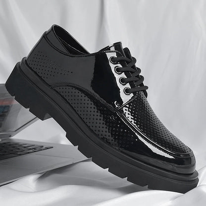 Mens Black Patent Leather Perforated Lace Up Chunky Platform Oxford Shoes Breathable Casual Business Formal Summer Dress Shoes