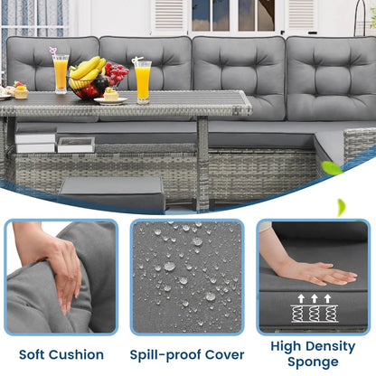 6-Piece Patio Sectional Sofa Dining Set All-Weather Removable Cushion Covers Garden Porch Backyard, Custom
