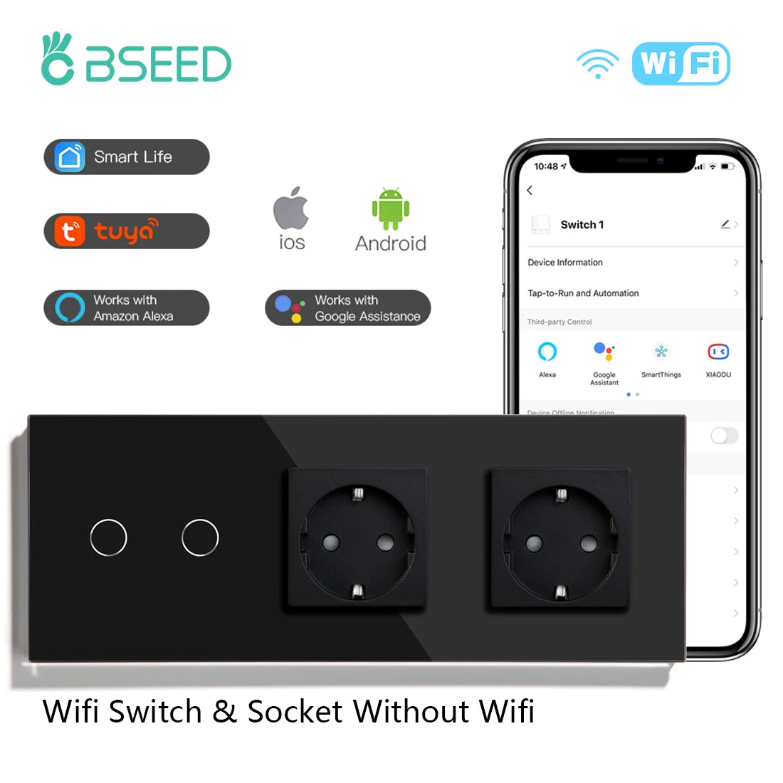 BSEED Wifi Light Switches Smart Wall Switch 1/2/3Gang 1/2/3/4Way Touch Sensor Switch With Normal Socket Support Tuya Smart Life