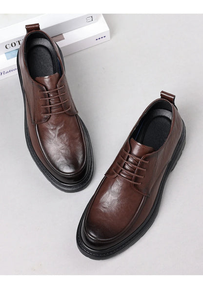 Mens Black Wrinkled Leather Apron Toe Lace Up Dress Shoes Thick Lug Sole Chunky Formal Business Office Work Daily Wear Shoes