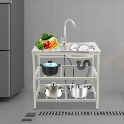 Stainless Steel Freestanding Outdoor Kitchen Sink with Faucet Worktable and Storage Rack Cold Hot Water Adjustable Feet