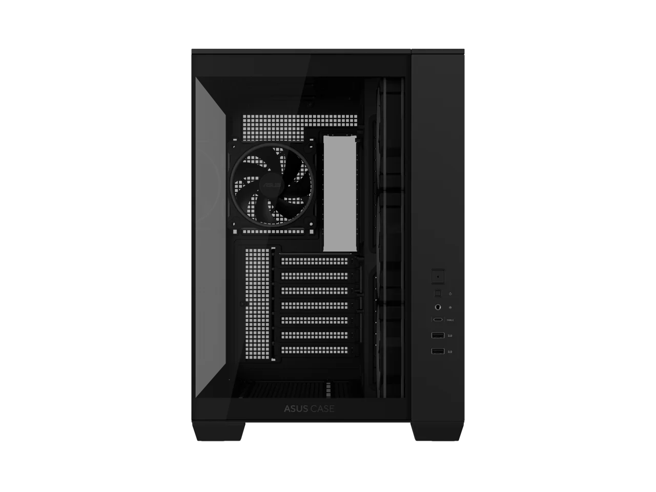 ASUS A32 PLUS Black ATX gaming PC case, support 360mm radiators and 420mm graphics cards, dual-chamber chassis for independent cooling zones, four pre-installed ARGB fans and clean cable management