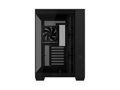 ASUS A32 PLUS Black ATX gaming PC case, support 360mm radiators and 420mm graphics cards, dual-chamber chassis for independent cooling zones, four pre-installed ARGB fans and clean cable management