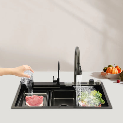 201 Stainless Steel Nano Black Sink with Digital Pull-out Faucet Anti-Splash Large Single Basin Noise Proof & Anti-Condensation