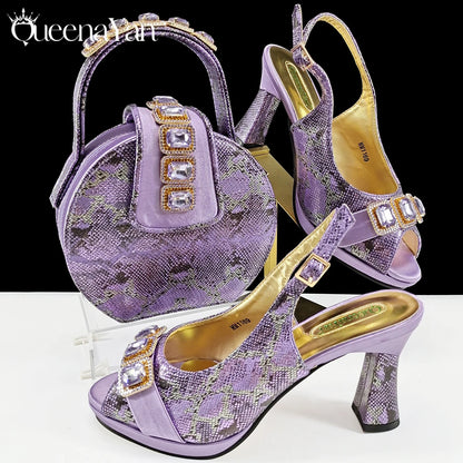 2025 Elegant Green Peep-Toe Women Heel Pumps for Italian Matching Party Shoes and Bags Set for Parties with Diamond Accents