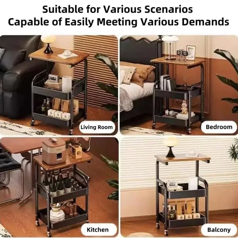 Three-Tier Metal Rolling Multi-Purpose Storage Cart with Walnut Wood Tabletop, Stable and Durable, with Two Lockable Wheels, Suitable for Kitchen, Bathroom, Snacks, Coffee, Crafts, Cosmetics and Baby Products