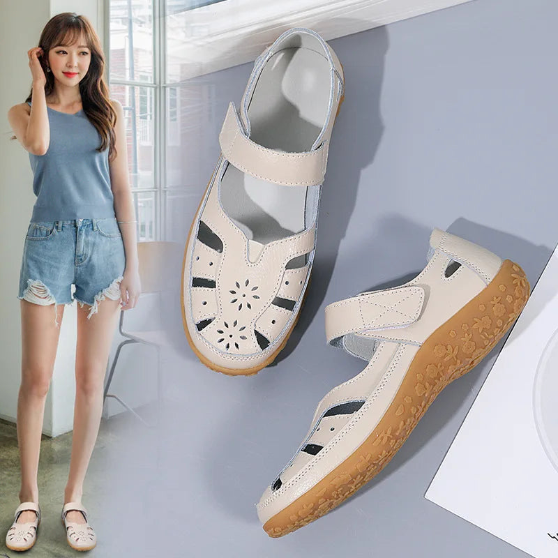 WOIZGIC Female Ladeis Mother Women's Genuine Leather Loater Flats Sandals Shoes Summer Cool Soft Outside Beach