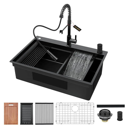 33in Gunmetal Black Waterfall Kitchen Sink Pull Out Faucet Combo Single Bowl Stainless Steel Workstation Accessories, Custom