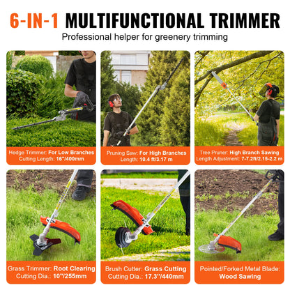 SucceBuy 52CC 6-in-1 MultiFunctional Trimming Tools Gas Hedge Trimmer Weed Eater String Trimmer Brush Cutter Edger Pole Chainsaw