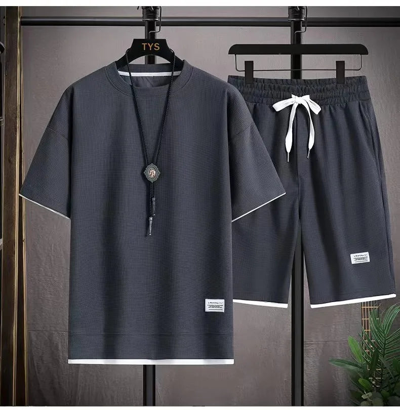 Waffle Men's Summer Short Sleeve And Shorts Two Piece Sets Sports Casual Tracksuit Men Comfortable Cool Shorts Oversized Set