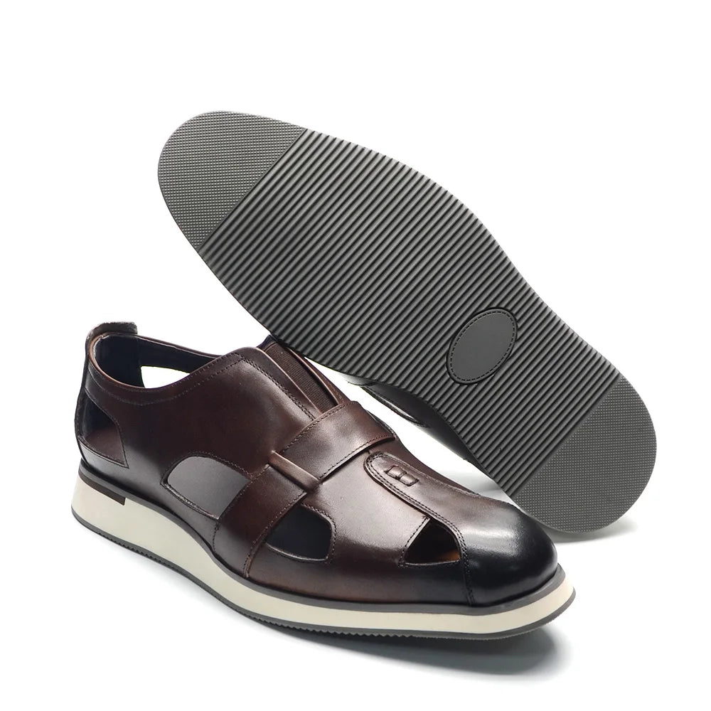 Classic Arabic Style Mens Sandals Genuine Cow Leather Slip-On Hollow Out Casual Business Party Dress Shoes for Men Flat Footwear