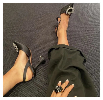 2025 European and American Women's New Silk Sunflower Crystal Diamond Buckle High Heels Horseshoe Heel Women's Sandals