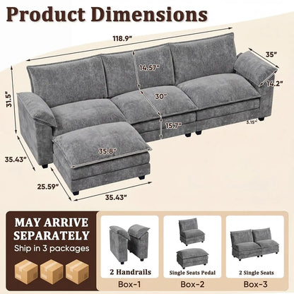 118.9" Modular Sectional Cloud Couch 3-Seat Sofa Set with Movable Ottoman, L Shaped Sofa Couch with Deep Seat,, Customized