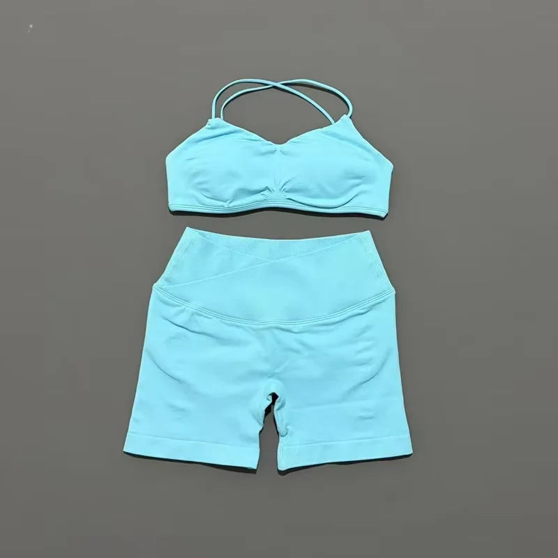 2Pcs HISTELLO Vision Sports Set Strappy Seamless Bra Scrunch Butt Lifting Stretch Breathable Gym Fitness Pilates Workout Sets