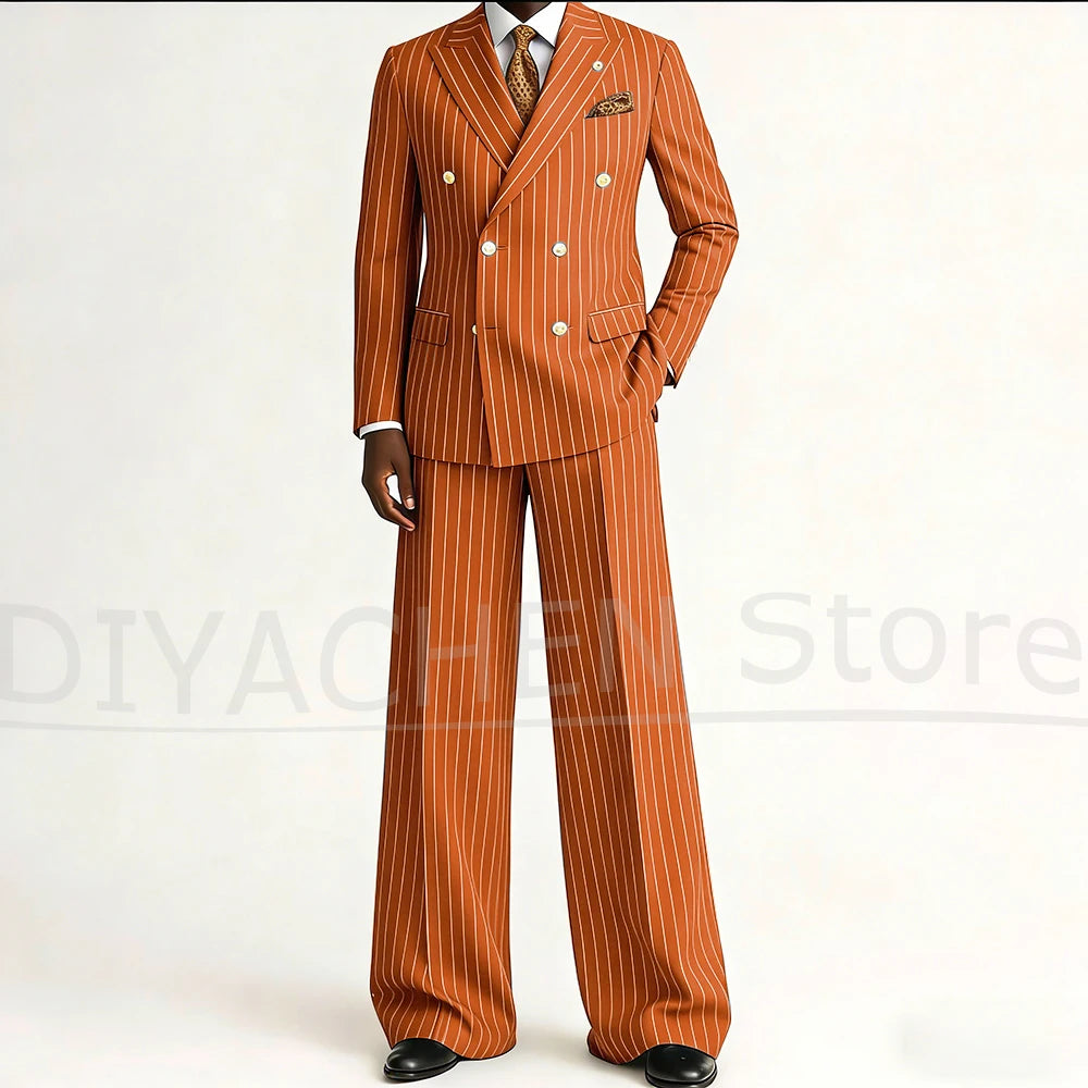 Men's Striped Double Breasted Suit Set Fashion Peak Lapel Formal Outfits 2 Piece Wedding Business Events Casual Male Suit