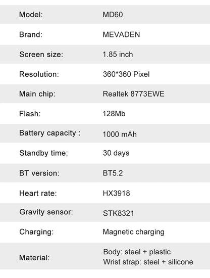 MEVADEN 1.85 inch Steel Smart Watch Men Bluetooth Call Smartwatch Sports Flashlight 1000mAh Health Monitor Watch for Male MD60