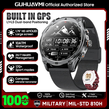 2026 Hot Sales Outdoor Durable GPS Sports Smart Watch Built-in GPS 1000mAh Battery 10ATM Waterproof 1.75" AOD Men Military Watch