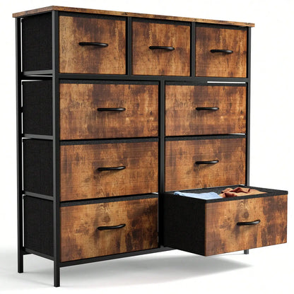 Tall 9 Fabric Clothes Cabinet Storage Organizers And Wood Top Surface Table Chest ,9 Drawer Dresser,Fabric Storage Tower For Bedroom, Hallway, Entryway, Closet, Tall Chest Organizer Unit With Fabric Bins, Steel Frame, , Easy