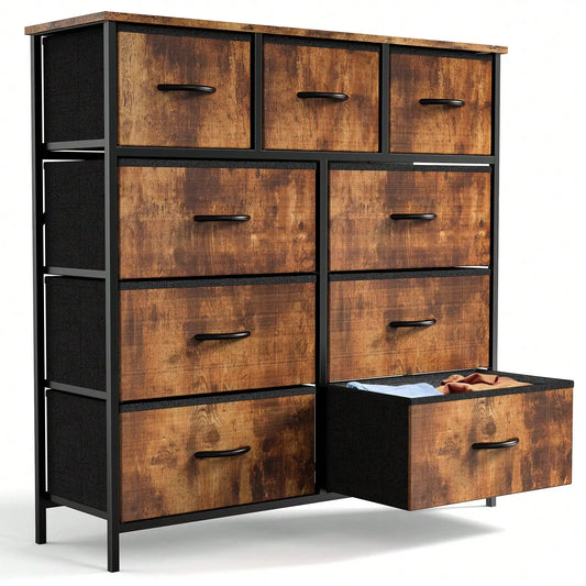 Tall 9 Fabric Clothes Cabinet Storage Organizers And Wood Top Surface Table Chest ,9 Drawer Dresser,Fabric Storage Tower For Bedroom, Hallway, Entryway, Closet, Tall Chest Organizer Unit With Fabric Bins, Steel Frame, , Easy