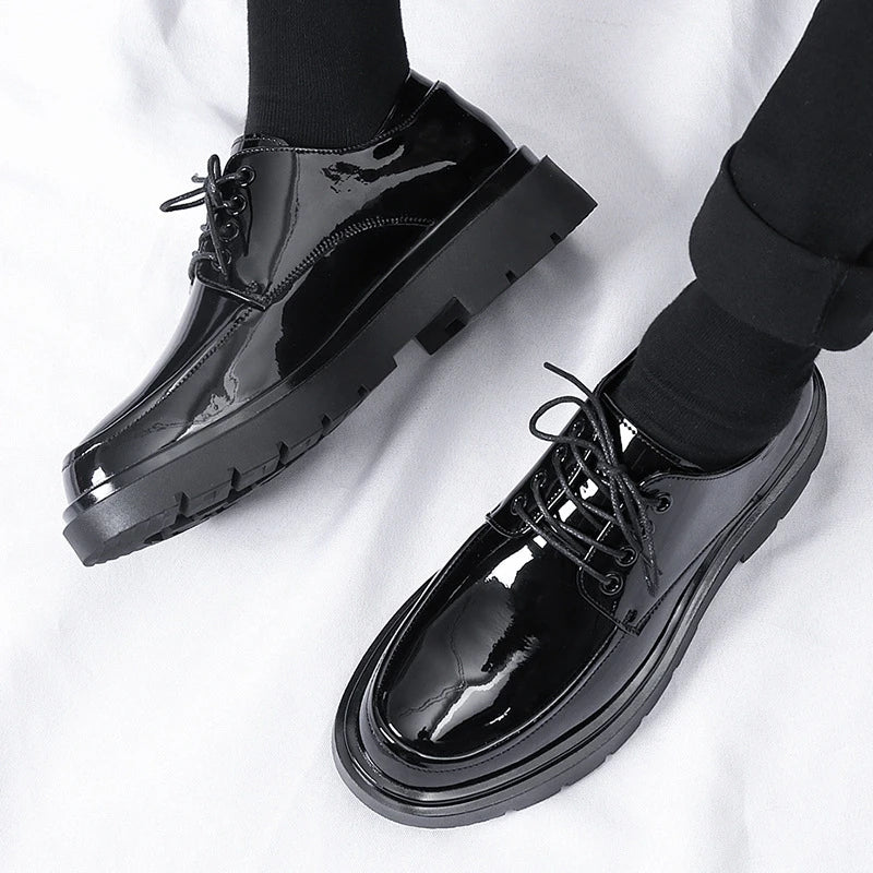Mens Black Patent Leather Perforated Lace Up Chunky Platform Oxford Shoes Breathable Casual Business Formal Summer Dress Shoes